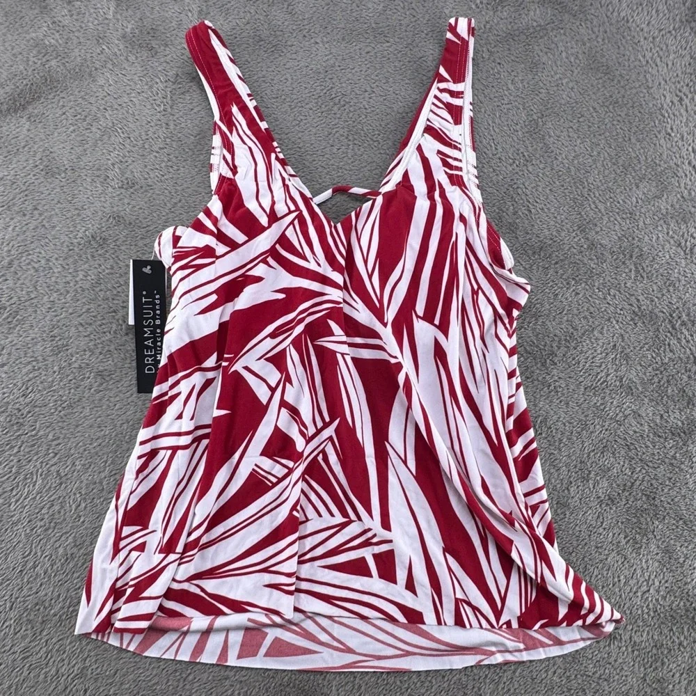 Dreamsuit by Miracle Brands Tankini Top‎ Womens 10 Red White NEW Tropical Palm